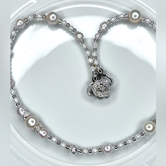 Handmade By Me Freshwater Edison Pearl Necklace Crystal Rose Double Clasp - Picture 3 of 5